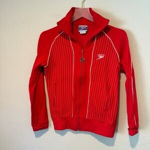 Vintage Speedo Red Pinstripe Track Jacket Full Zip Funnel Neck Womens Small